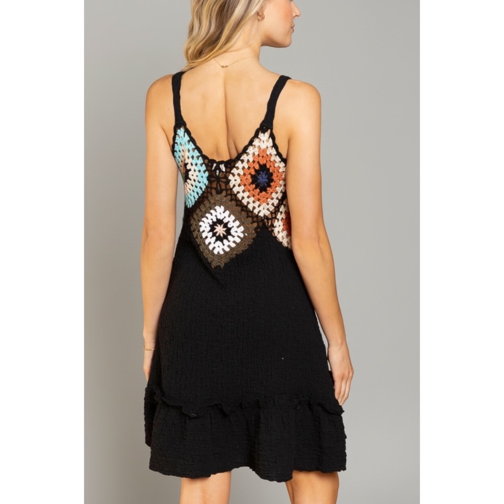 POL Black V Neck Sleeveless Crochet Dress | Boho Western Ruffle Hem Mini - Picture 6 of 7